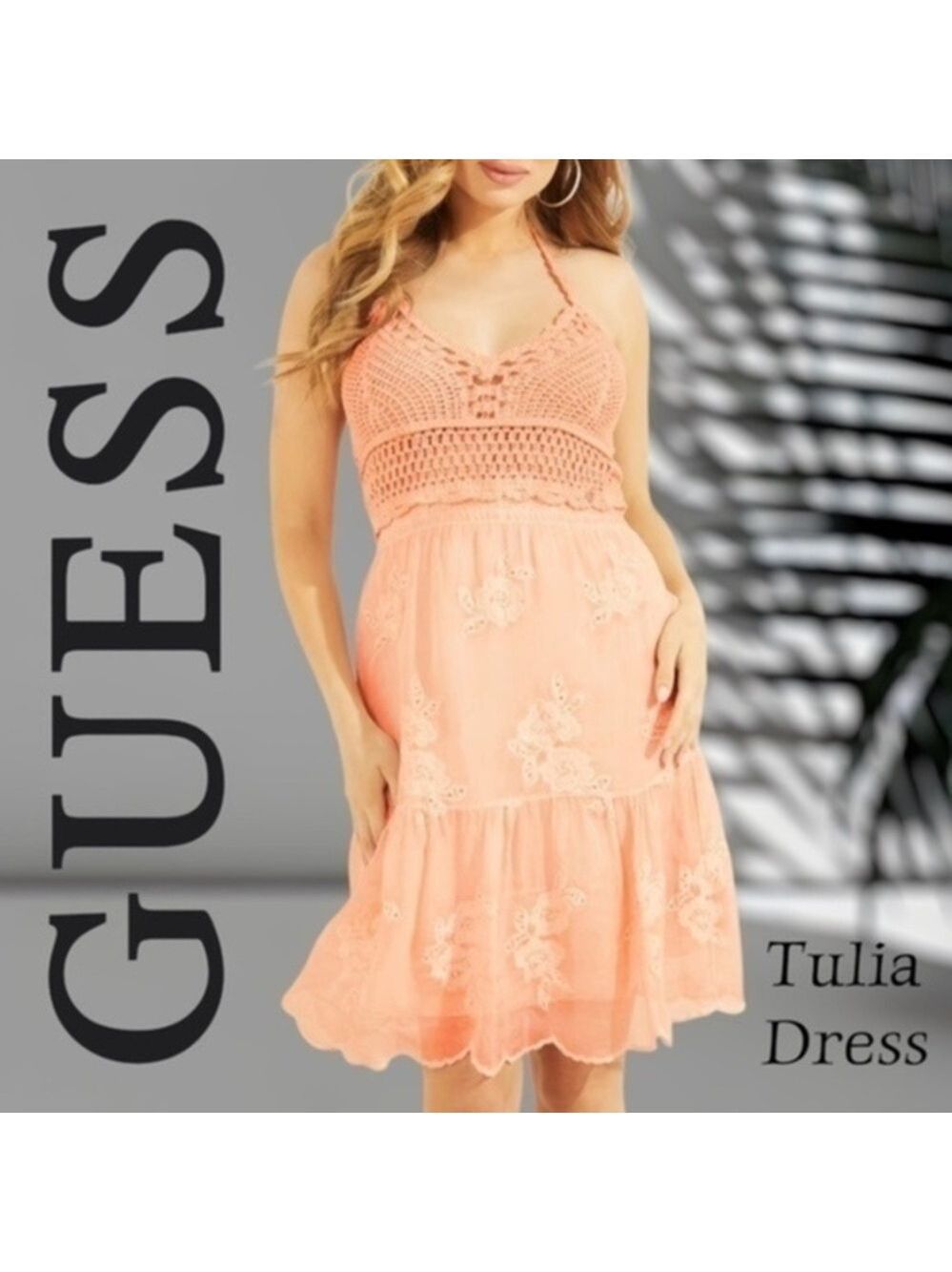 GUESS Tulia Crochet/Silk/Embroidery/Sheer Details Halter Mini Dress NWT/MD
